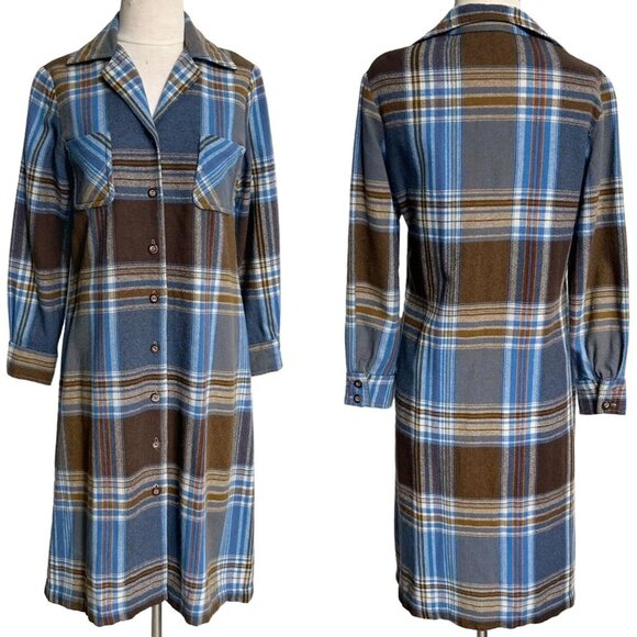 Plaid Midi shirt Dress / jacket in Blue and Brown - Picture 1 of 9